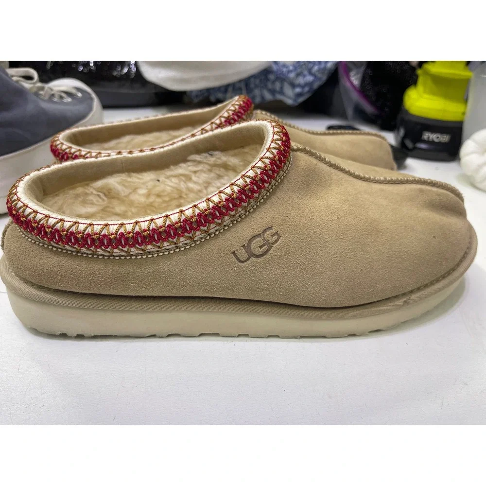 UGG Tasman Chestnut Suede Slippers Red Braid Trim Mens 11 5950